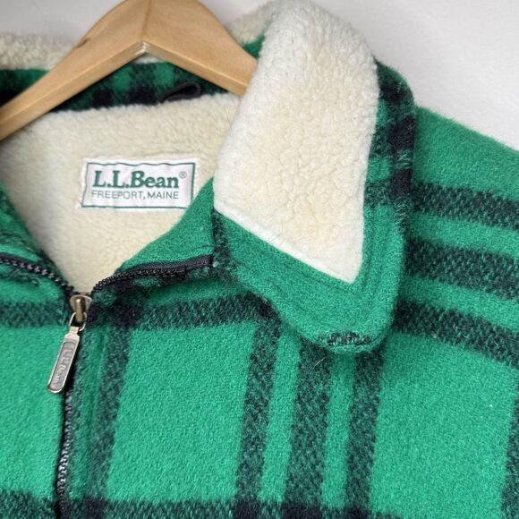 Vintage LL Bean Wool Plaid Jacket Sherpa Lined Green Zip Coat USA Made Large - Picture 3 of 10